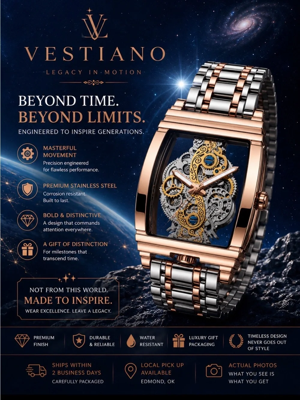Vesti Rose Gold and Silver Skeleton Mechanical Watch